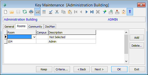 Key Maintenance - Rooms tab