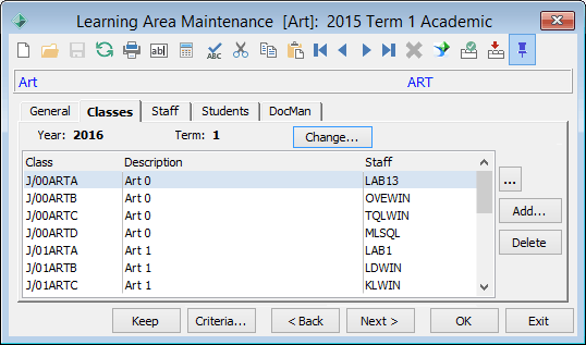 Learning Area Maintenance - Classes tab