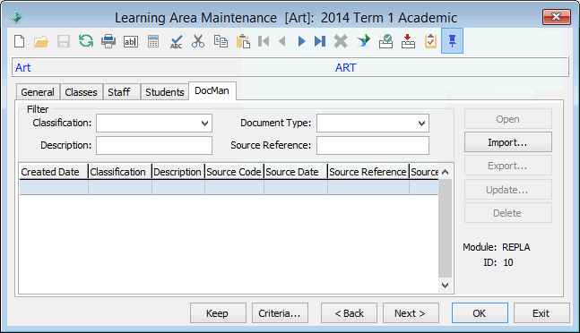Learning Area Maintenance - DocMan tab