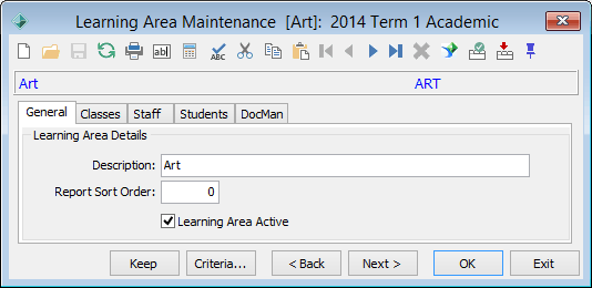Learning Area Maintenance - General tab