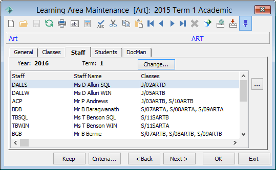 Learning Area Maintenance - Staff tab