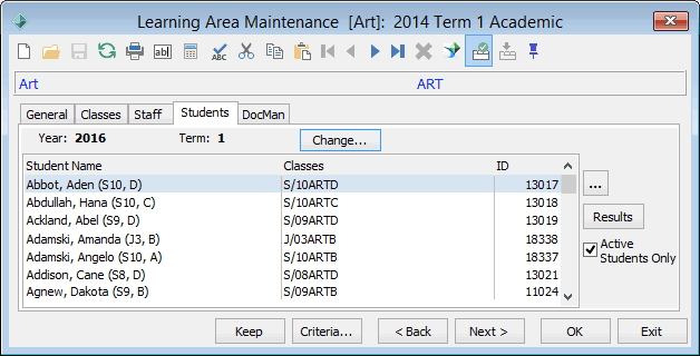 Learning Area Maintenance - Students tab