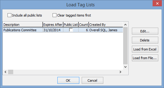 Load Tag Lists window
