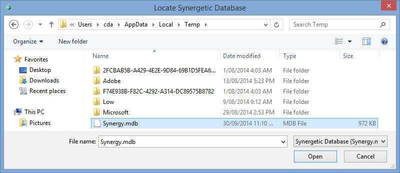 Locate Synergetic Database window