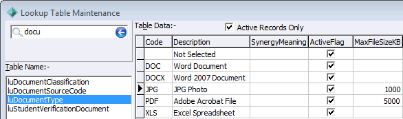 Lookup Table Maintenance - luDocumentType