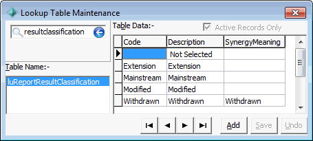 Lookup Table Maintenance - luReportResultClassification