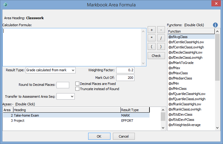 Markbook Area Formula window