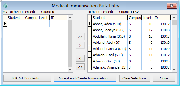 Medical Immunisation Bulk Entry window