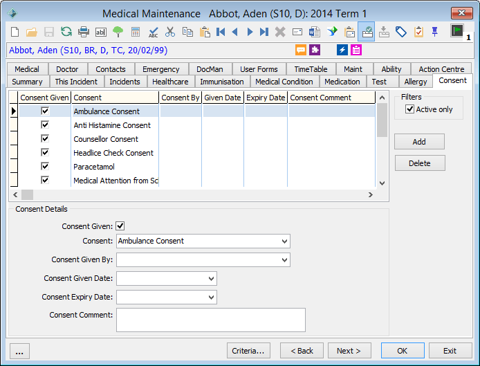 Medical Maintenance - Consent tab