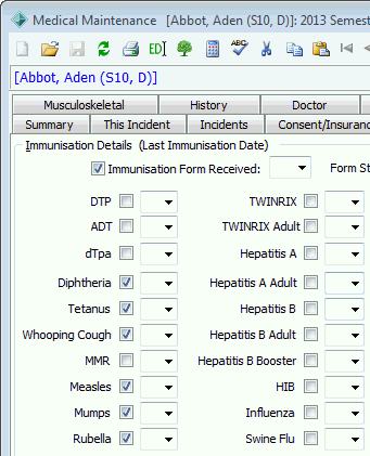 Medical Maintenance - Immunisation tab (cut down)