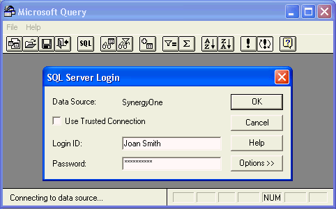 Microsoft Query - SQL Server Login window