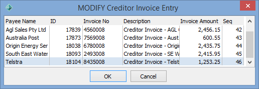 Modify Creditor Invoice Entry window