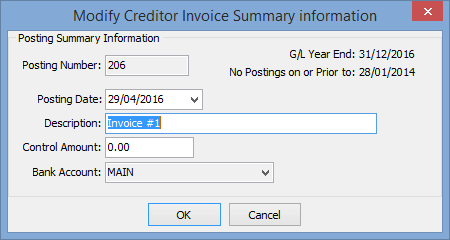 Modify Creditor Invoice Summary information window