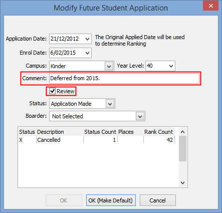 Modify Future Student Application window