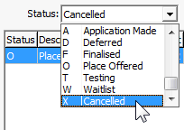 Modify Future Student Application window (select Cancelled option)