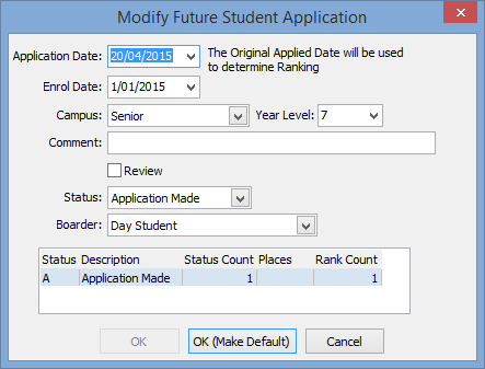 Modify Future Student Application window