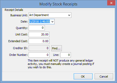 Modify Stock Receipts window