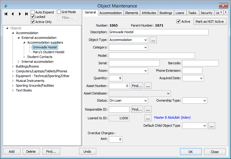Object Maintenance - General tab (cut down)