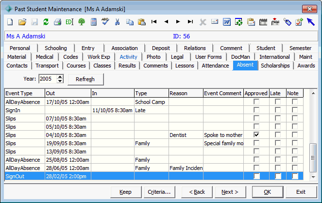 Past Student Maintenance - Absent tab