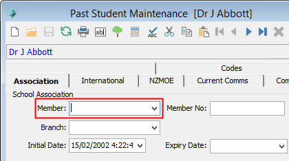 Past Student Maintenance - Association tab (Member field highlighted)