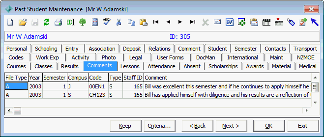 Past Student Maintenance - Comments tab