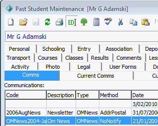 Past Student Maintenance - Comms tab (cut down)