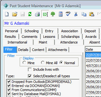 Past Student Maintenance - Correspondence tab (cut down)