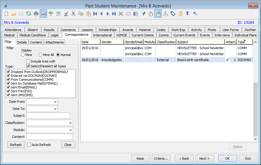 Past Student Maintenance - Correspondence tab