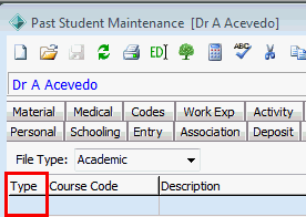 Past Student Maintenance - Courses tab (cut down, type grid field highlighted)