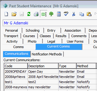 Past Student Maintenance - Current Comms tab (cut down)