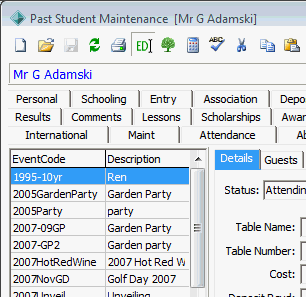 Past Student Maintenance - Current Events tab (cut down)