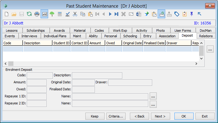 Past Student Maintenance - Deposit tab
