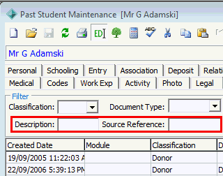 Past Student Maintenance - DocMan tab (cut down, filter fields highlighted)
