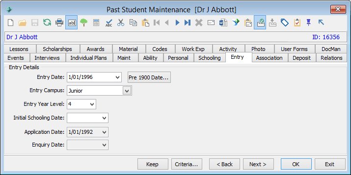 Past Student Maintenance - Entry tab