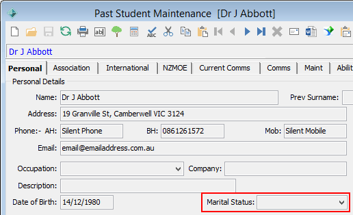 Past Student Maintenance - Personal tab (Marital status field)