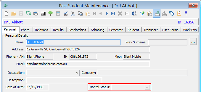 Past Student Maintenance - Personal tab (Marital status field highlighted)