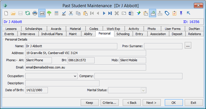 Past Student Maintenance - Personal tab