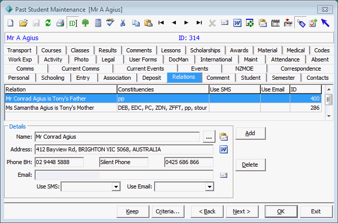 Past Student Maintenance - Relations tab