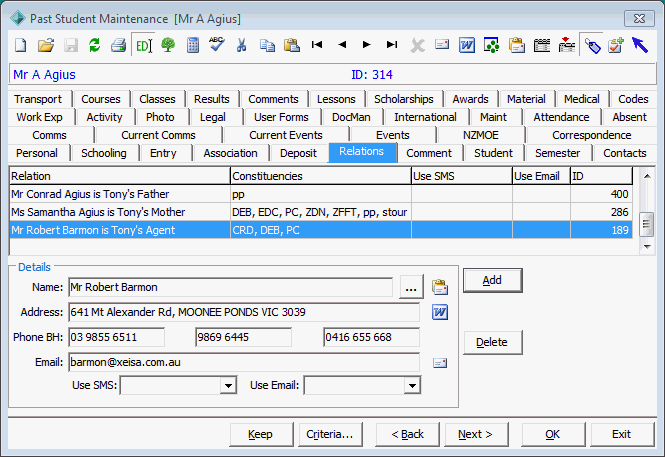 Past Student Maintenance - Relations tab