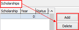 Past Student Maintenance - Scholarships tab (add_delete buttons, cut-down)