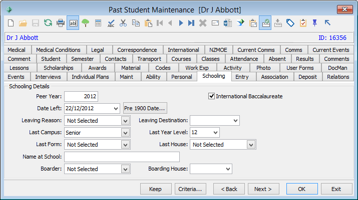 Past Student Maintenance - Schooling tab