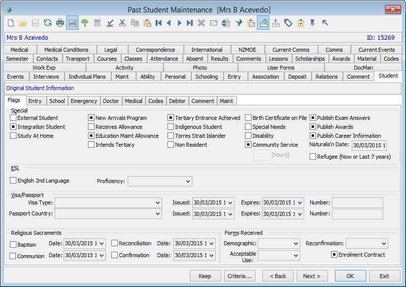 Past Student Maintenance - Student tab - Flags sub-tab
