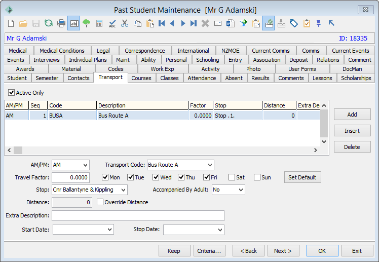 Past Student Maintenance - Transport tab