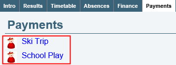 Payments tab (event and excursion payments highlighted)
