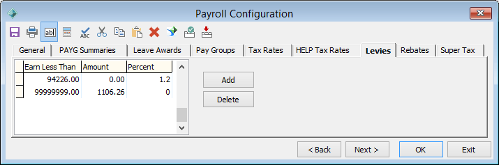 Payroll Configuration - Levies tab