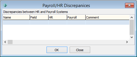 Payroll HR Discrepancies window (corrected discrepancy gone)