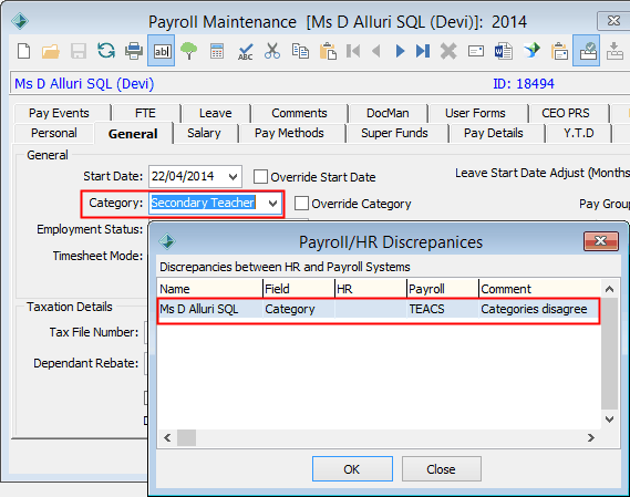 Payroll HR Discrepancies window (selected field highlighted)