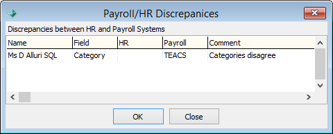 Payroll HR Discrepancies window
