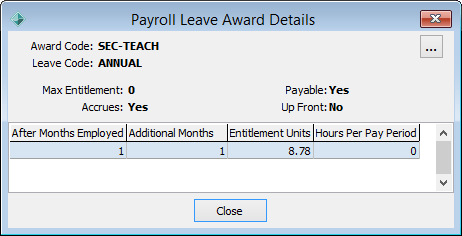 Payroll Leave Award Details window
