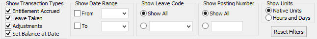 Payroll Maintenance - Leave tab (Filter fields)